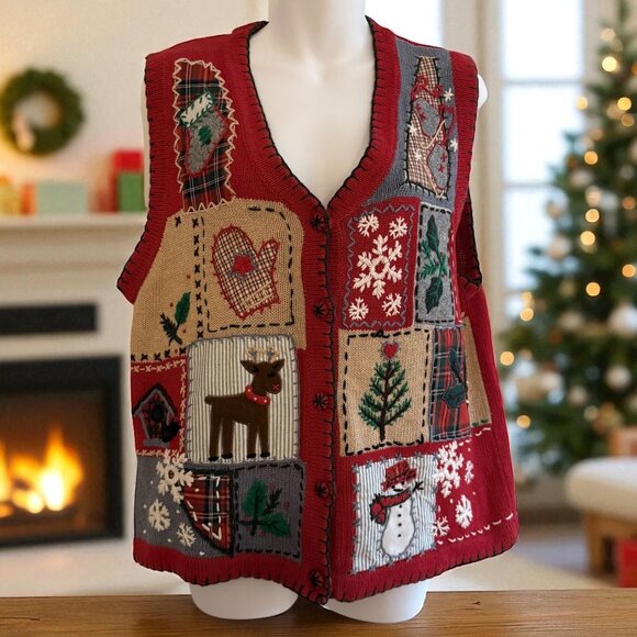 Victoria Jones Woman Jackets & Blazers - VINTAGE Christmas Sweater Vest | Patchwork Snowmen, Trees & Reindeer | Size M